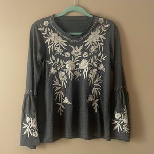 Beautiful gray size small embroidered bell sleeve top